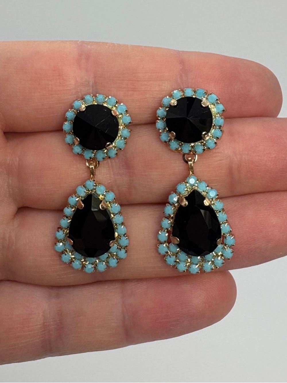 Black Crystal Teardrop Drop Earrings with Turquoise Accents, Brand New